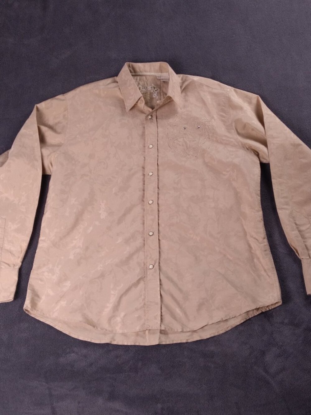 VTG Platini Jeans Cougar Tan Embroidered Button Up Snaps Shirt XXL Western 90s